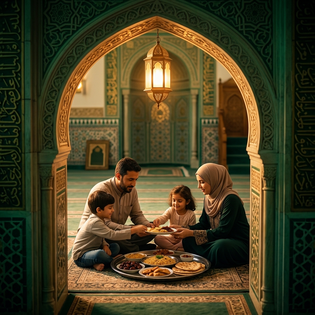 Family sharing a meal under golden mosque arch